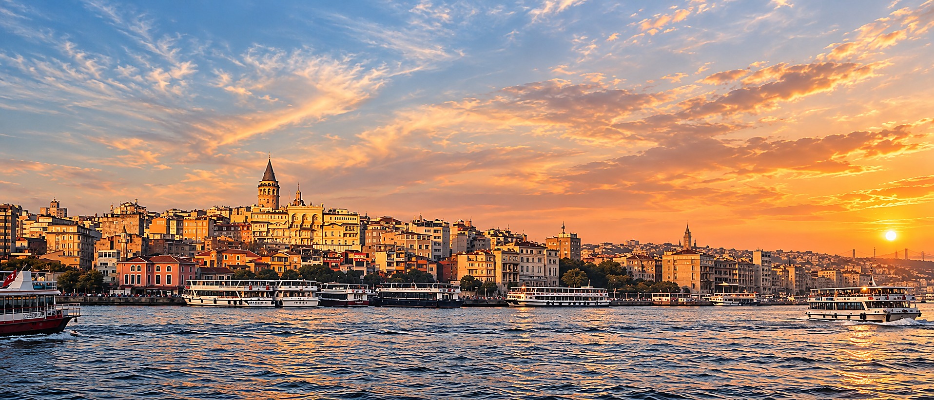Istanbul im Sonnenuntergang, Blick auf den Galata Turm und den Bosporus